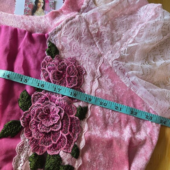 Pink Rose Stretch Velvet and Lace Embroidered Blouse Vintage Style - Picture 8 of 8